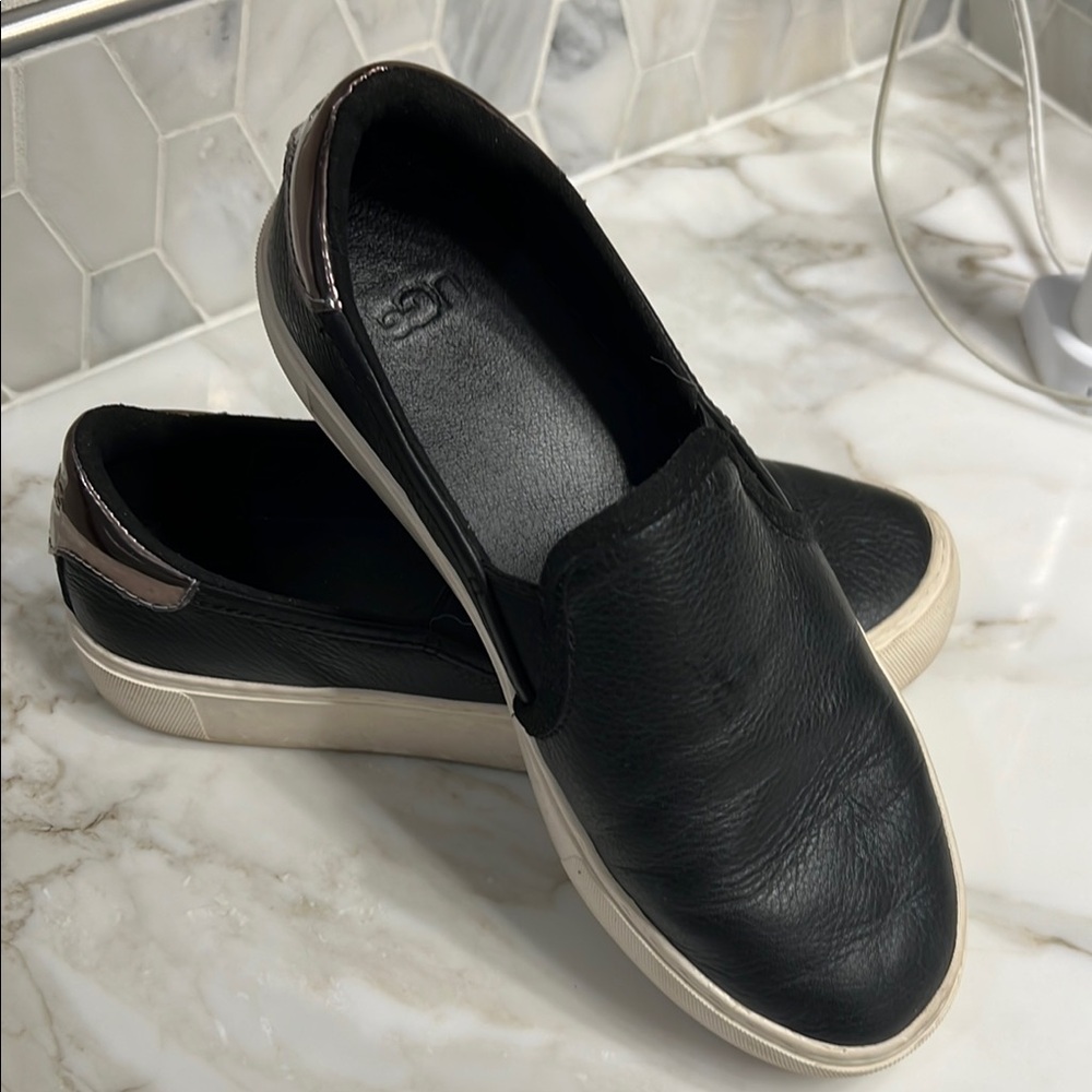 UGG Black Leather Slip-Ons with White Sole